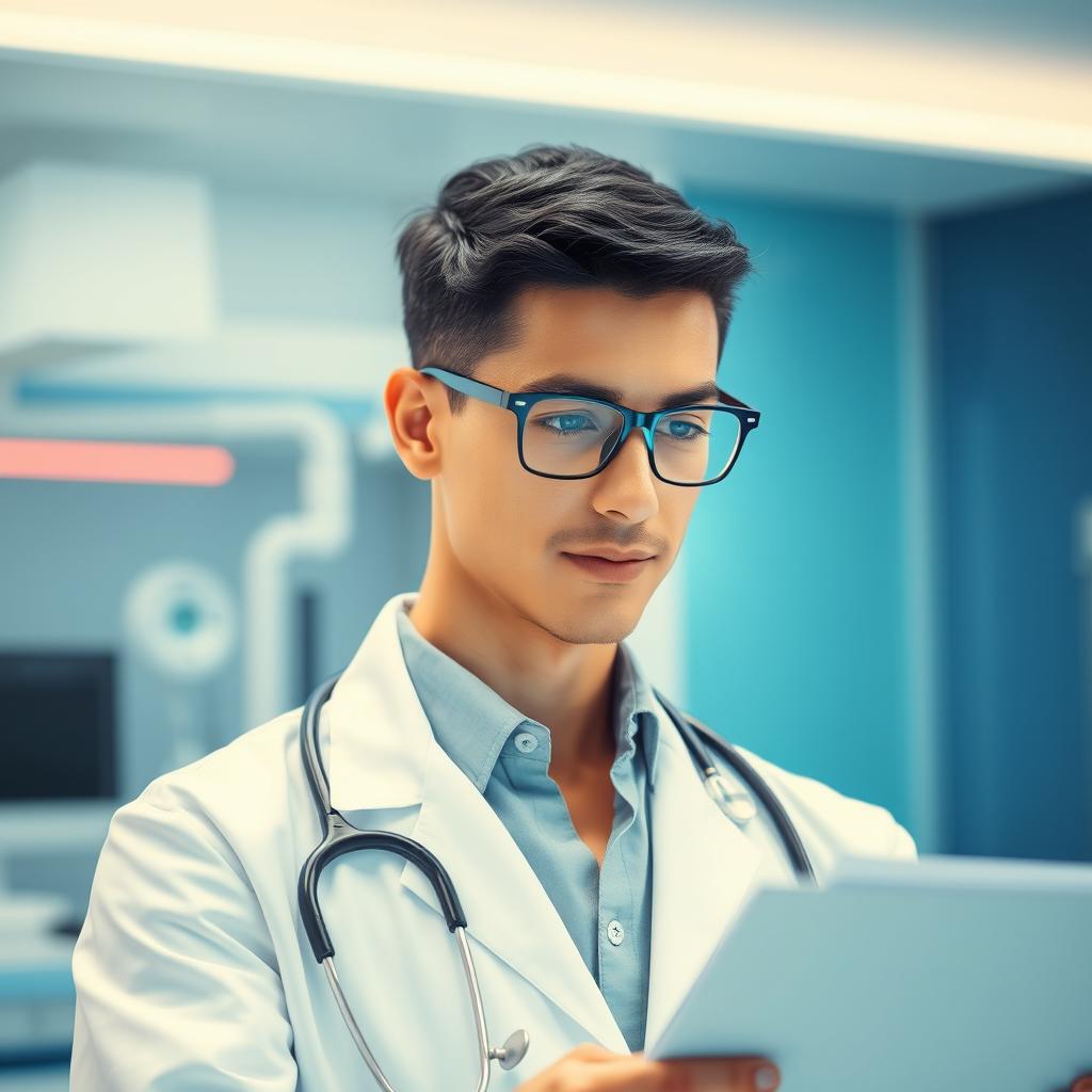A young male doctor with short black hair and stylish glasses, wearing a white lab coat and a stethoscope around his neck