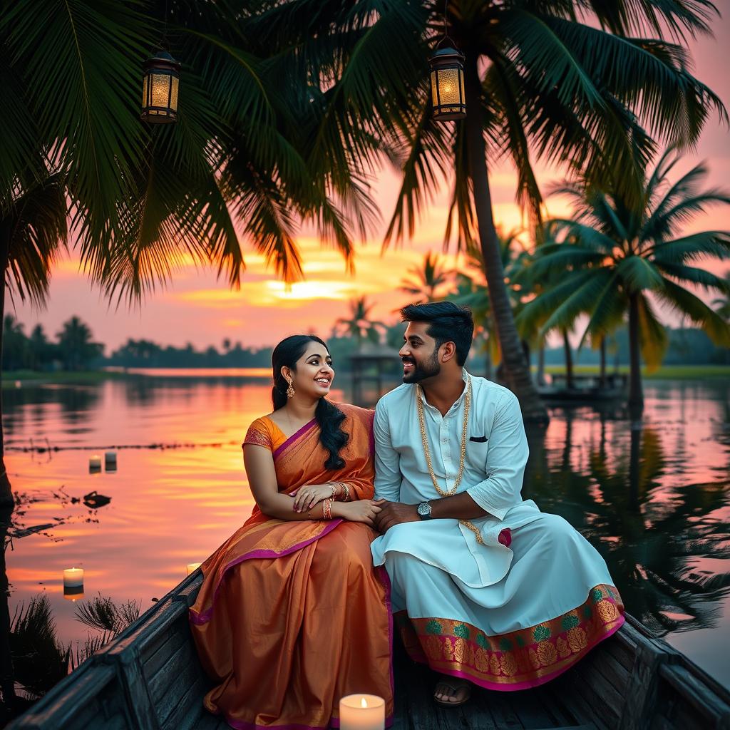 A romantic scene capturing a couple in Kerala, India during a beautiful sunset by the backwaters