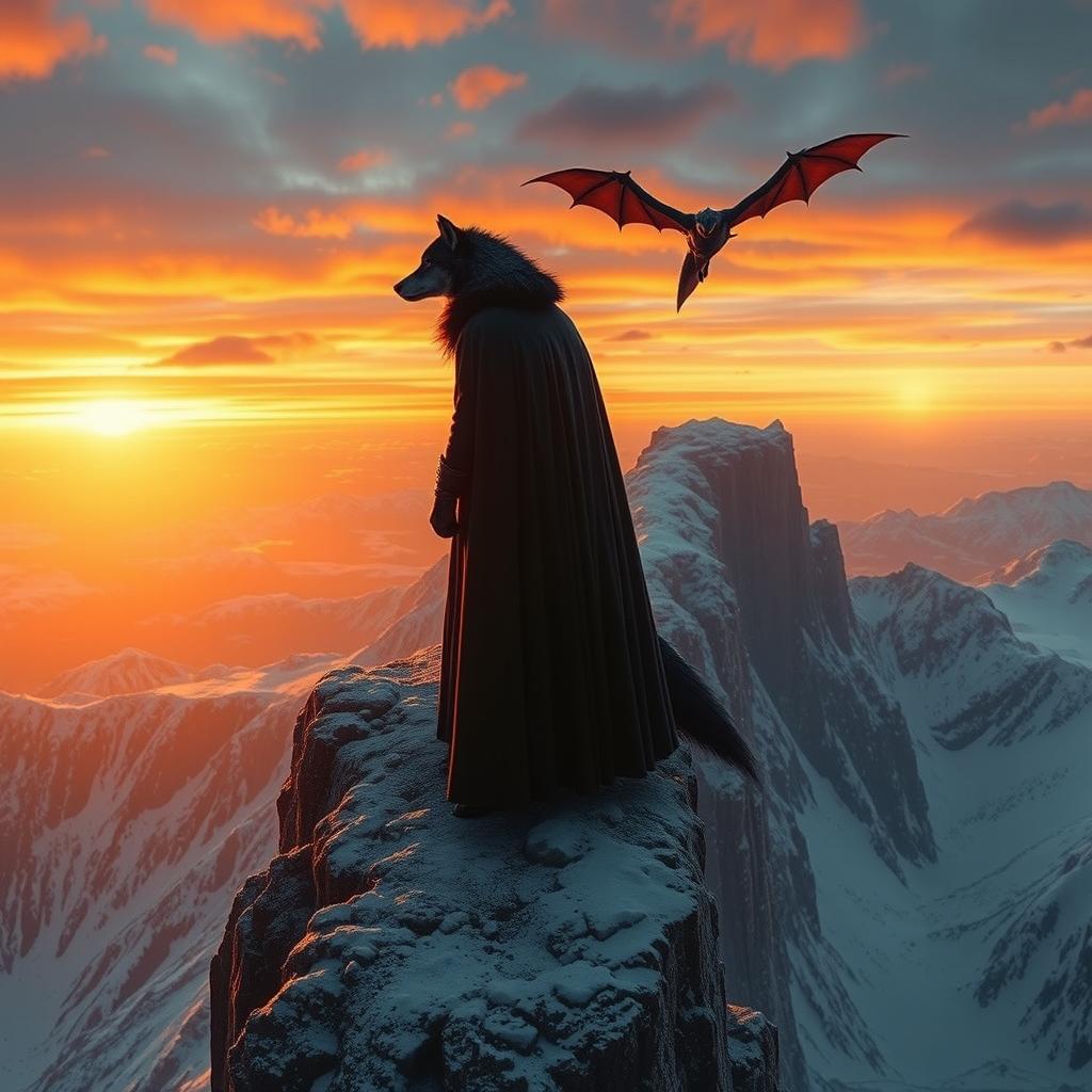 A mysterious man clad in a dramatic black cloak stands alongside a large wolf, both perched on the edge of a towering cliff