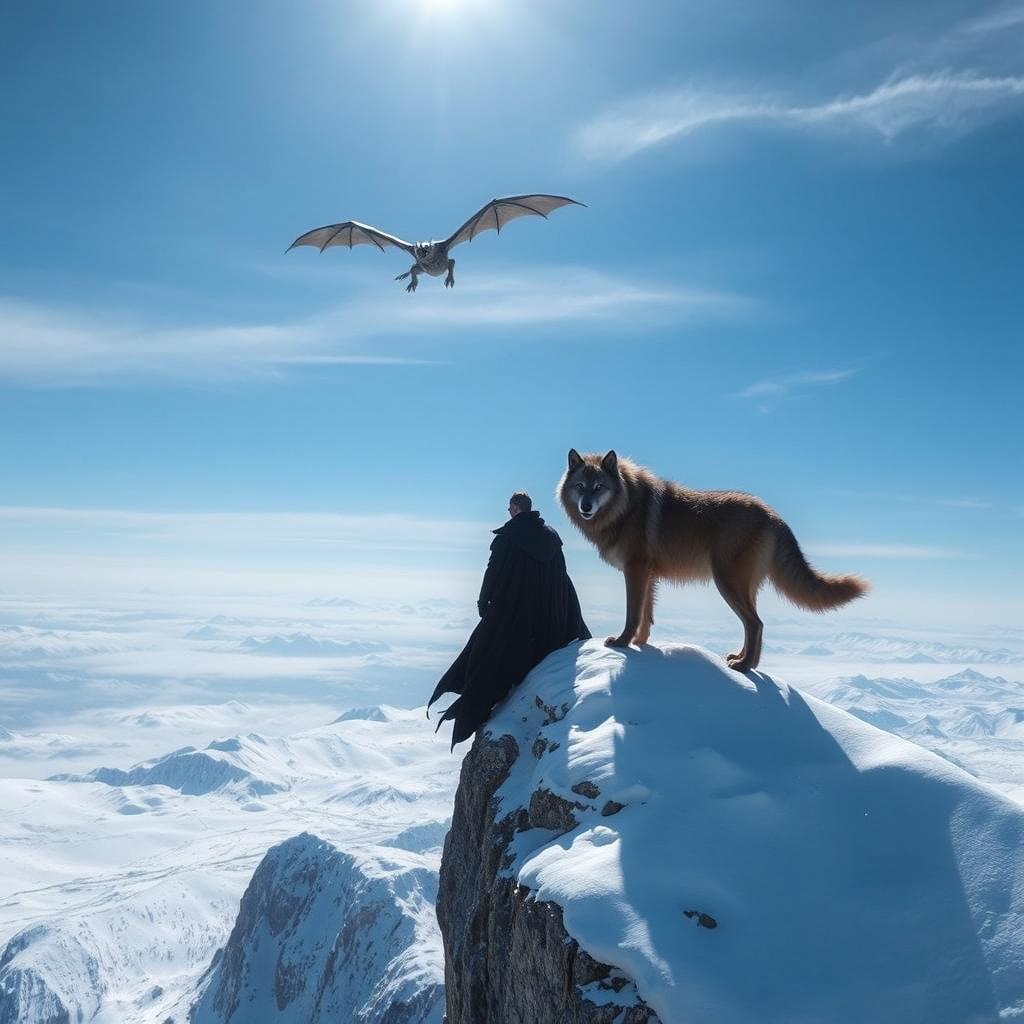 A mysterious man clad in a flowing black cloak stands proudly beside a large, formidable wolf, both perched on the edge of a steep cliff