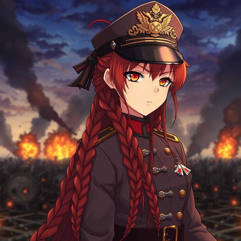 A female anime general of the Japanese imperial court during the Second World War, featuring long braided red hair that resembles flames and striking orange eyes like the colors of dusk