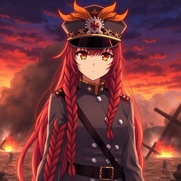 A female anime general of the Japanese imperial court during the Second World War, featuring long braided red hair that resembles flames and striking orange eyes like the colors of dusk