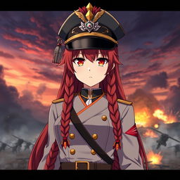 A female anime general of the Japanese imperial court during the Second World War, featuring long braided red hair that resembles flames and striking orange eyes like the colors of dusk