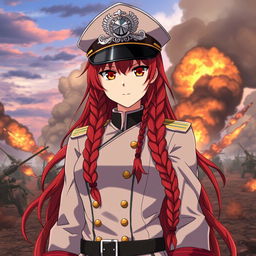 A female anime general of the Japanese imperial court during the Second World War, featuring long braided red hair that resembles flames and striking orange eyes like the colors of dusk