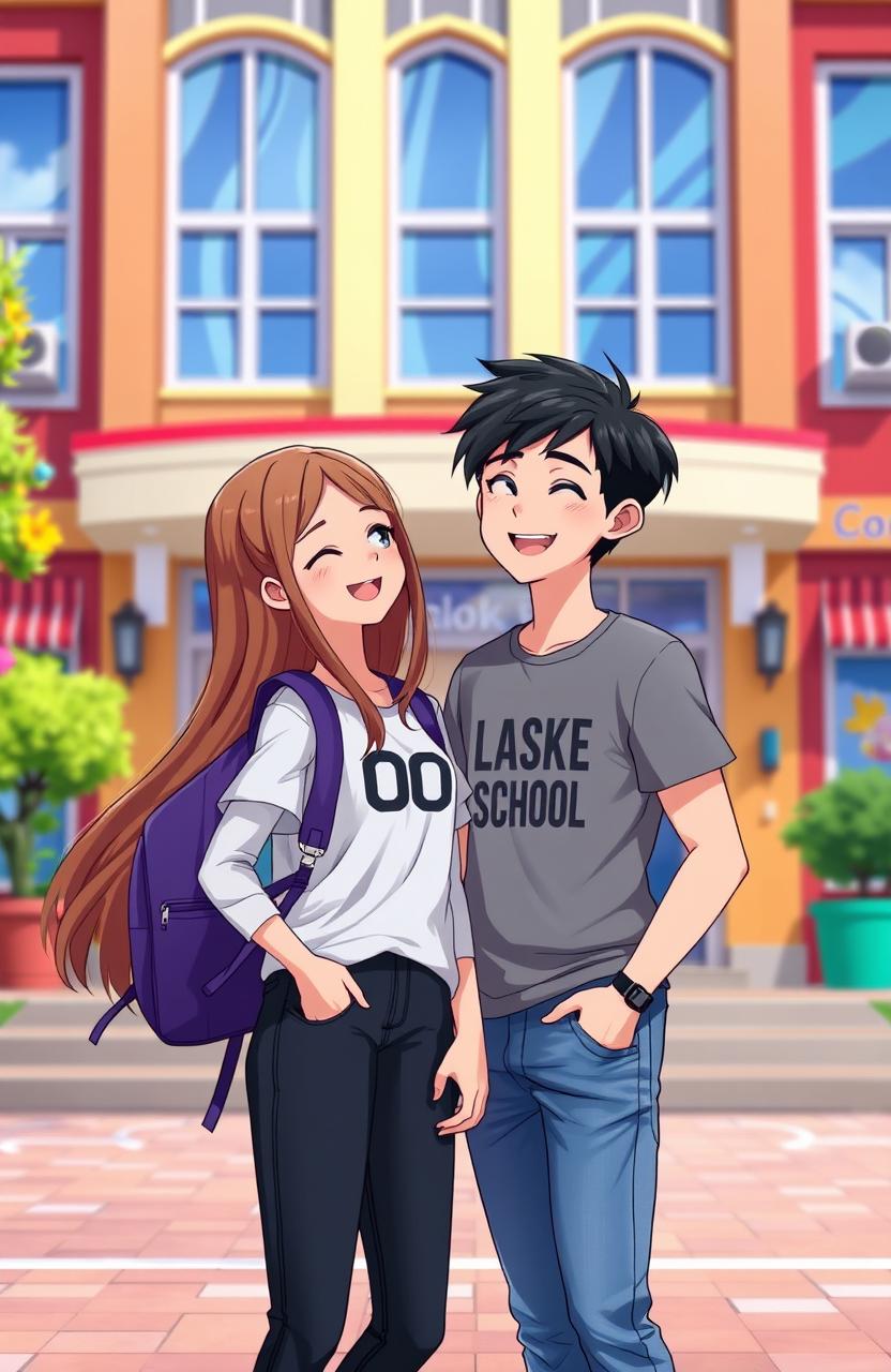 A school couple standing together in front of a vibrant school building, showcasing a joyful and affectionate interaction