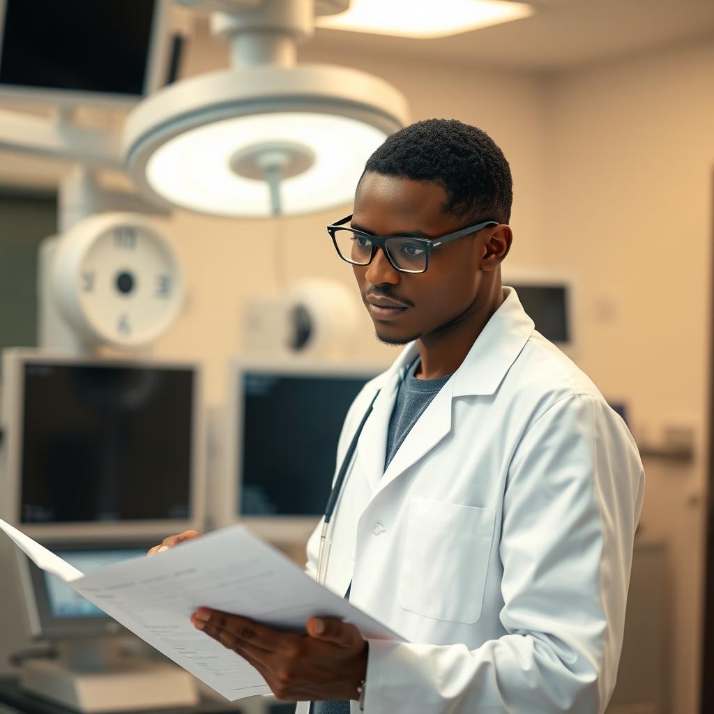A dark-skinned young doctor with short black hair and stylish glasses, wearing a white lab coat over a smart casual outfit