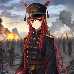 A female anime general of the Japanese imperial court during the Second World War, featuring one long braided red hair that flows like flames and striking orange eyes reminiscent of dusk