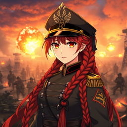 A female anime general of the Japanese imperial court during the Second World War, featuring one long braided red hair that flows like flames and striking orange eyes reminiscent of dusk