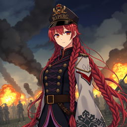 A female anime general of the Japanese imperial court during the Second World War, featuring one long braided red hair that flows like flames and striking orange eyes reminiscent of dusk
