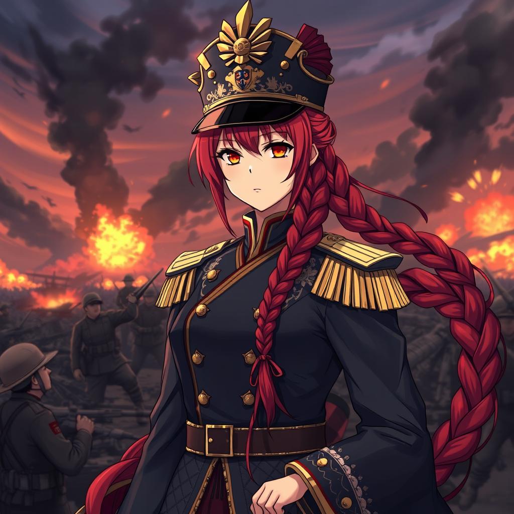 A female anime general of the Japanese imperial court during the Second World War, featuring one long braided red hair that flows like flames and striking orange eyes reminiscent of dusk
