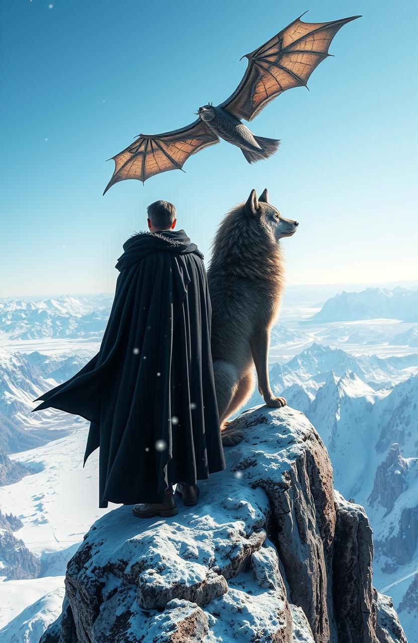 A powerful man wearing a flowing black cloak stands confidently next to a large, majestic wolf