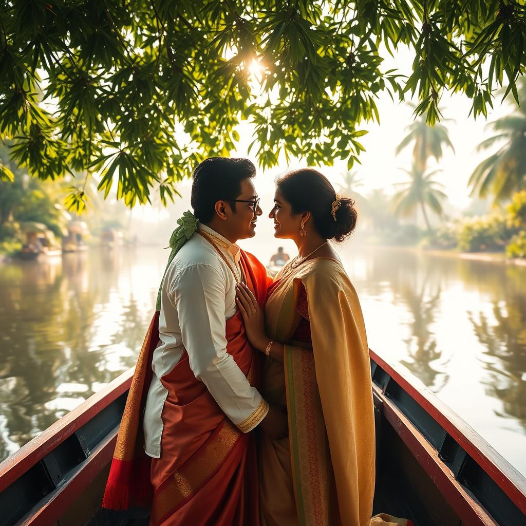 A romantic scene featuring a Kerala couple sharing an intimate moment on a serene houseboat surrounded by lush green backwaters