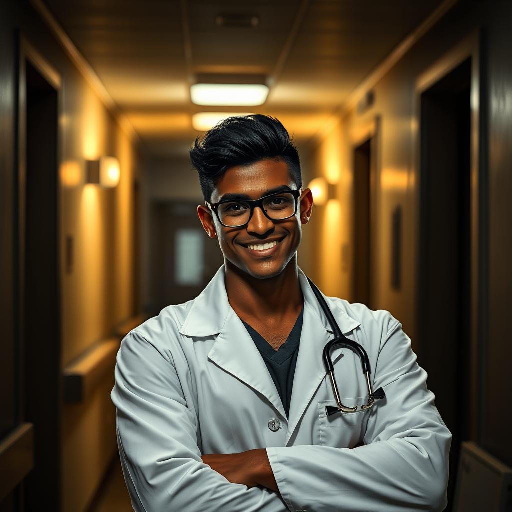 A dark-skinned young doctor with slicked-back black hair and sharp glasses, displaying a mischievous grin as he stands in a dimly lit hospital hallway