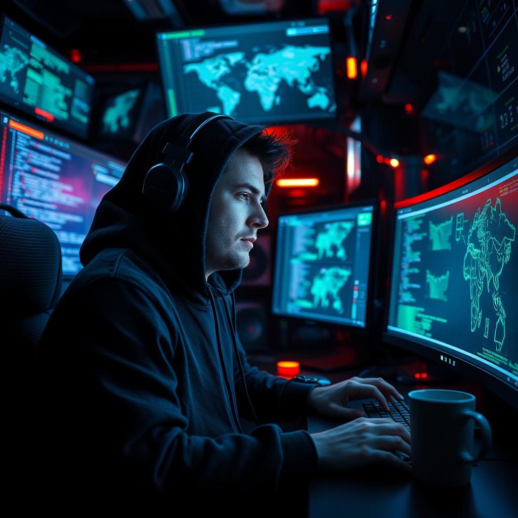 A skilled hacker sitting in a dimly lit room filled with high-tech gadgets and multiple computer screens displaying code and digital maps