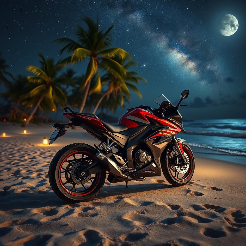 A realistic nighttime beach scene featuring a lifelike R15 motorcycle parked on the sandy shore