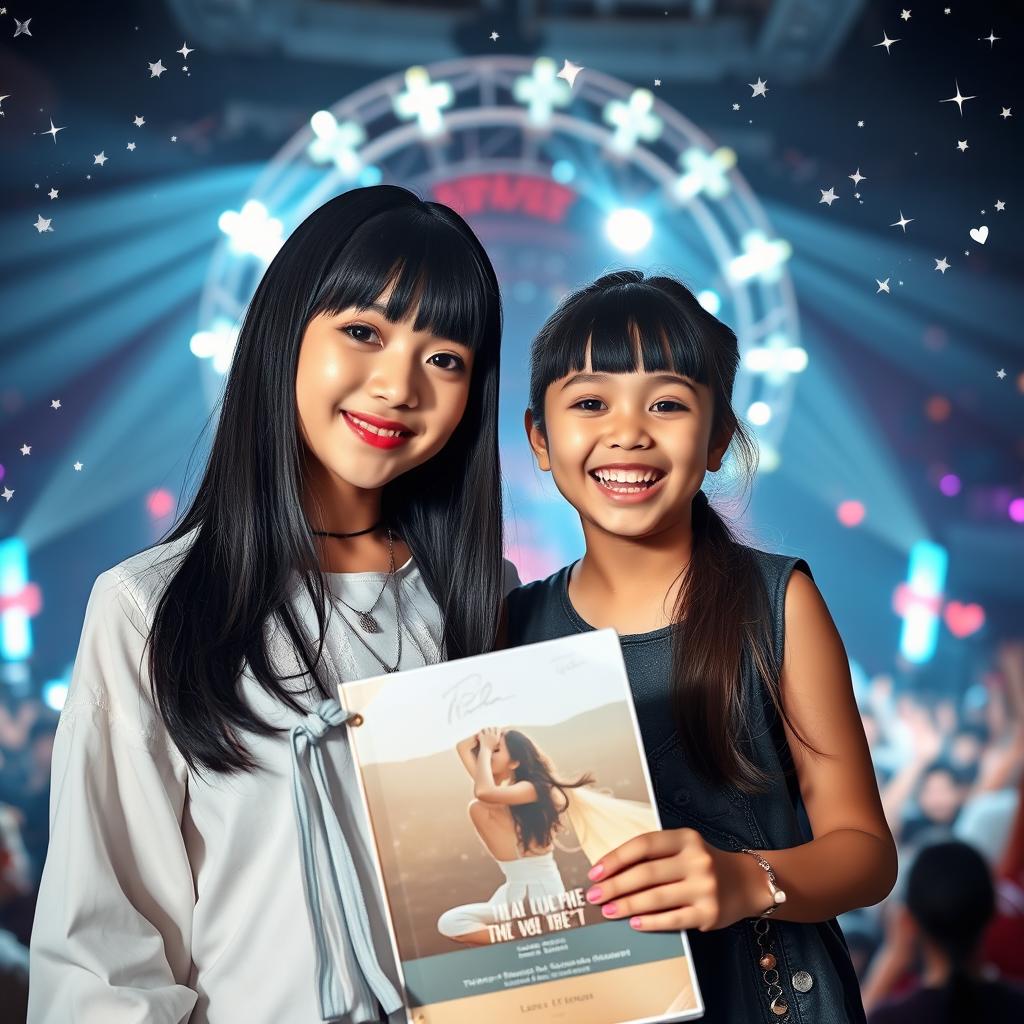 A confident teenage singer with straight black hair that falls to her shoulders, complemented by bangs, is posing next to an excited young fan who is smiling widely while holding a signed music album