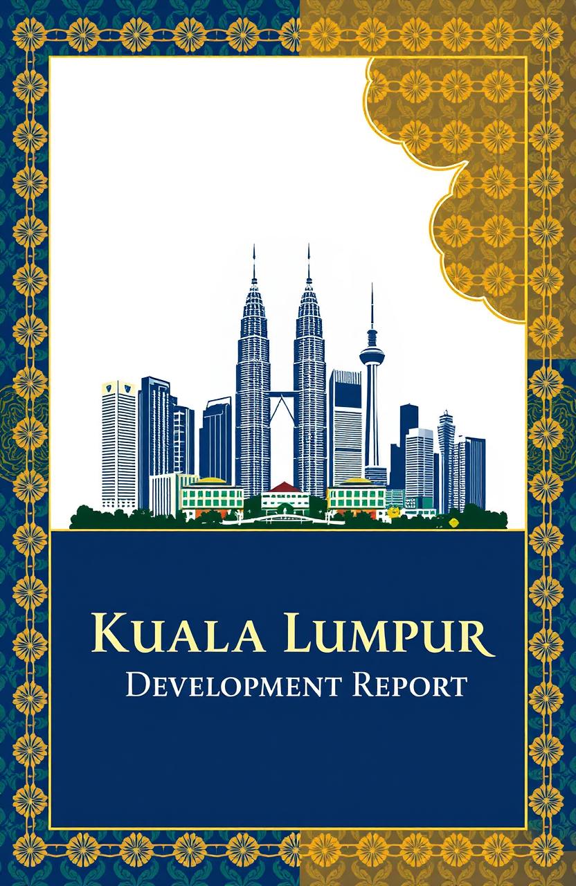 A visually appealing report cover design for a Kuala Lumpur Development Report, featuring traditional Malaysian batik patterns as a border and background