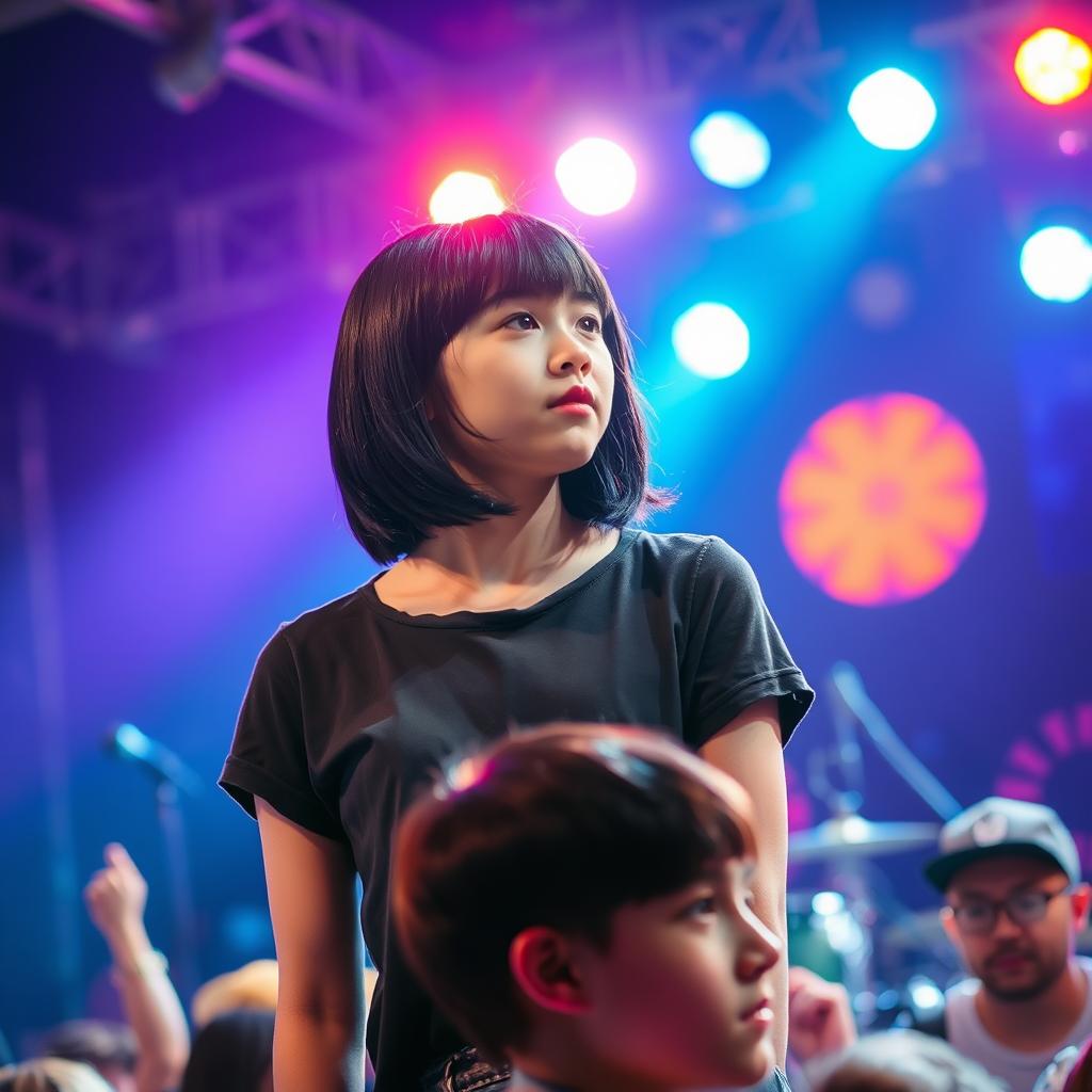 A confident teenage singer with sleek, shoulder-length black hair and bangs, performing on stage at a concert