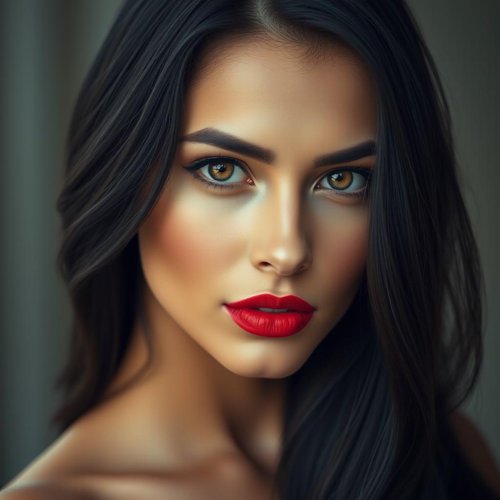 A stunning portrait of a beautiful woman with long, flowing black hair and striking red lips