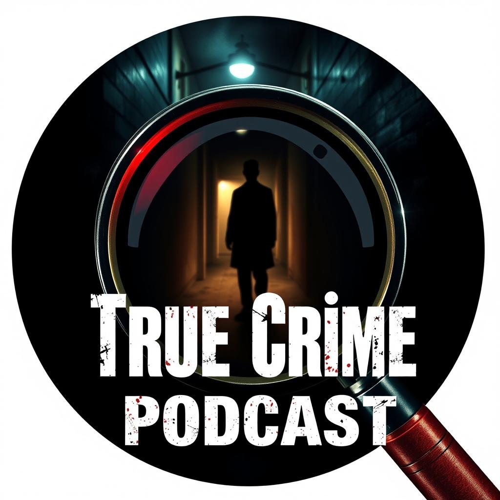An eye-catching and moody icon for a true crime podcast, featuring a vintage magnifying glass overlaid on a dark, atmospheric background