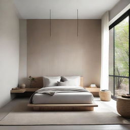 Minimalist modern bedroom designed with natural materials, containing a neutral color palette, organic textures, and clean lines