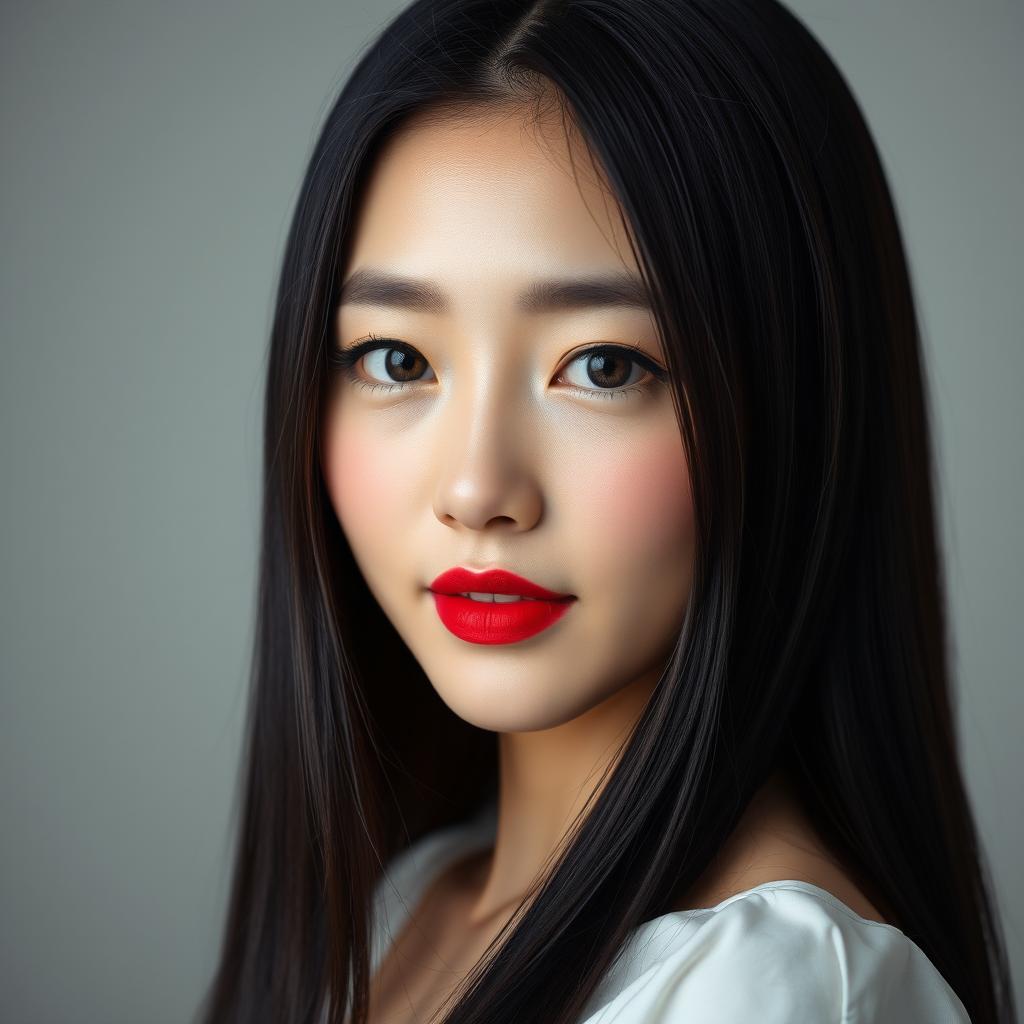 A captivating portrait of a beautiful Korean woman with long, sleek black hair and vibrant red lips