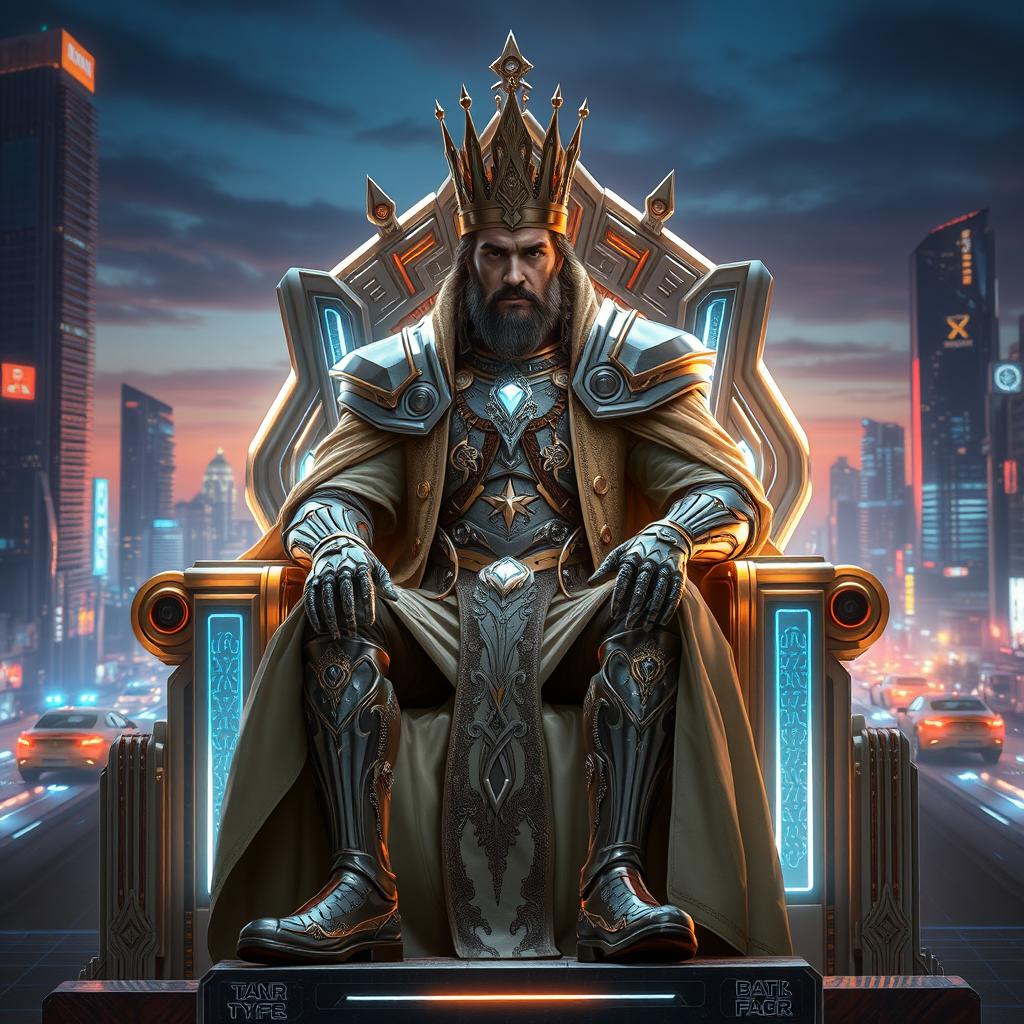 A futuristic king confidently seated on a lavish throne made of shimmering metals and glass, surrounded by holographic displays and advanced technology