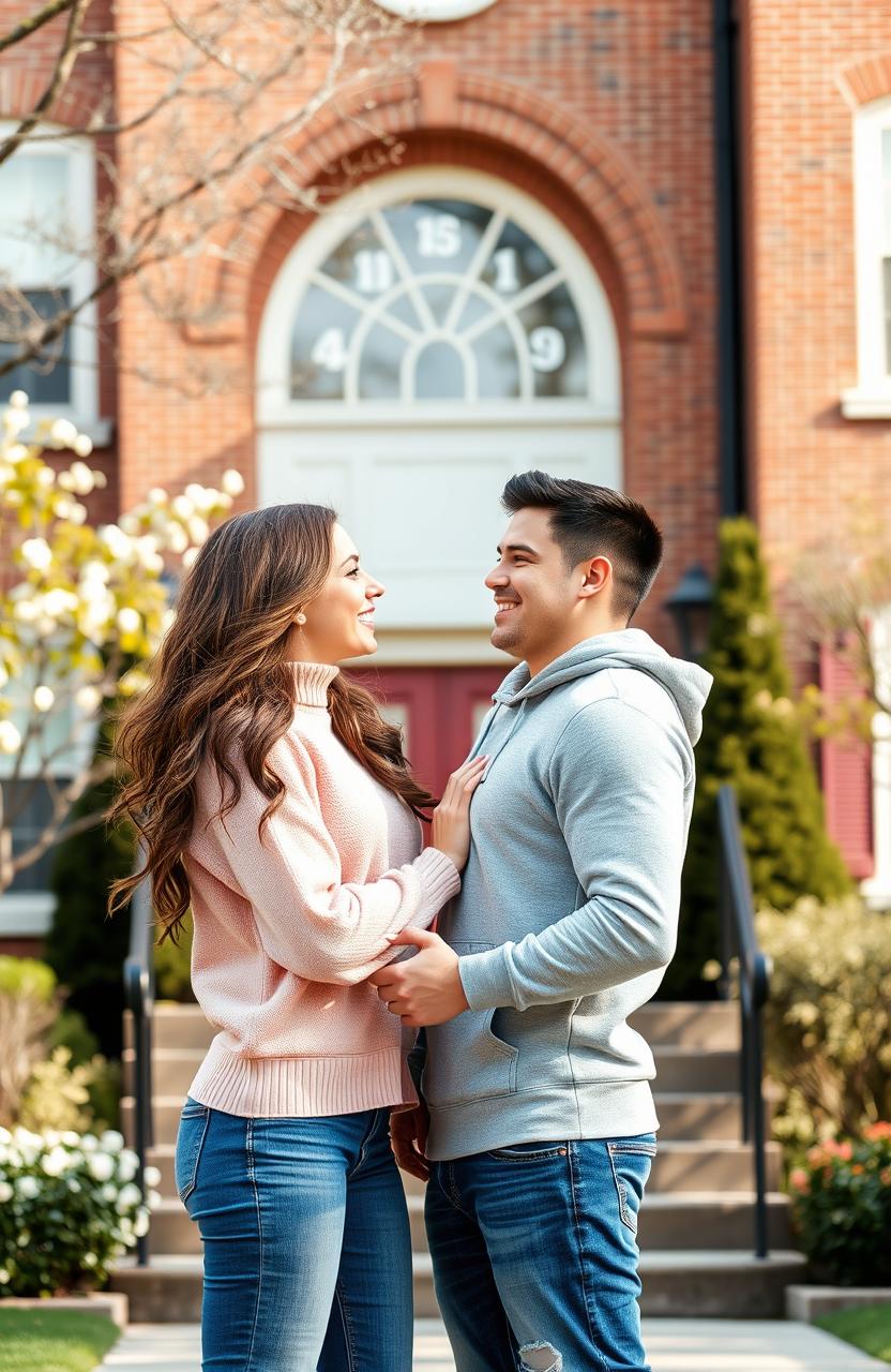 A young couple, deeply in love, standing together in front of a charming high school building, their smiles radiant