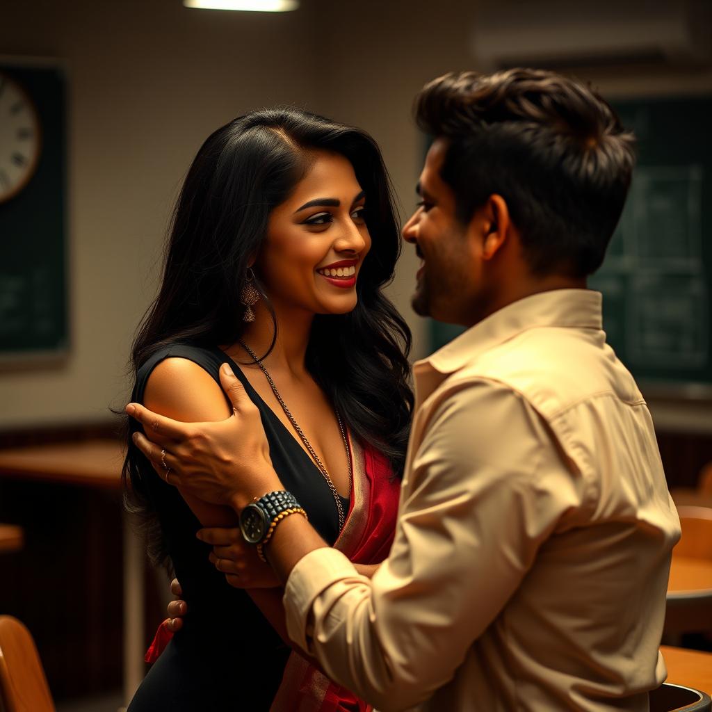 A dramatic and sophisticated scene featuring an alluring Indian teacher in a stylish classroom setting, where she is engaged in a flirtatious and playful interaction with an adult student