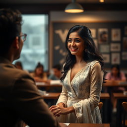 A dramatic and sophisticated scene featuring an alluring Indian teacher in a stylish classroom setting, where she is engaged in a flirtatious and playful interaction with an adult student