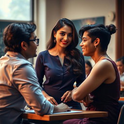 A dramatic and sophisticated scene featuring an alluring Indian teacher in a stylish classroom setting, where she is engaged in a flirtatious and playful interaction with an adult student