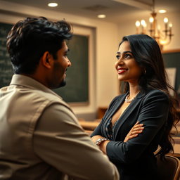 A dramatic and sophisticated scene featuring an alluring Indian teacher in a stylish classroom setting, where she is engaged in a flirtatious and playful interaction with an adult student