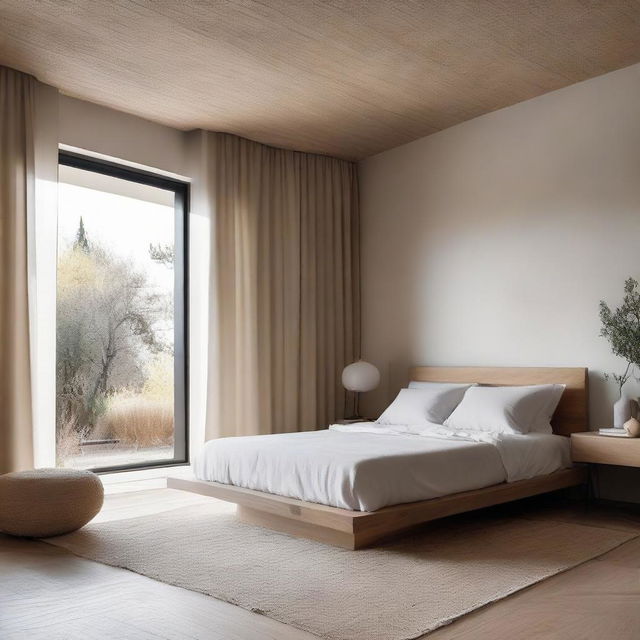 Minimalist modern bedroom designed with natural materials, containing a neutral color palette, organic textures, and clean lines