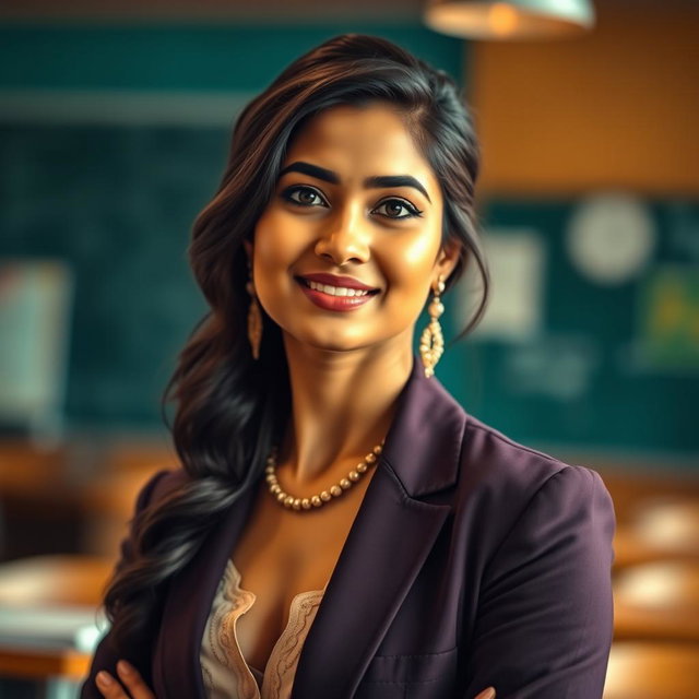 A confident and alluring Indian teacher wearing a stylish outfit that subtly highlights her figure, particularly focusing on her elegant style and graceful presence in a classroom setting