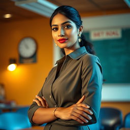 A confident and alluring Indian teacher wearing a stylish outfit that subtly highlights her figure, particularly focusing on her elegant style and graceful presence in a classroom setting