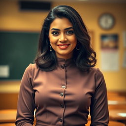 A confident and alluring Indian teacher wearing a stylish outfit that subtly highlights her figure, particularly focusing on her elegant style and graceful presence in a classroom setting