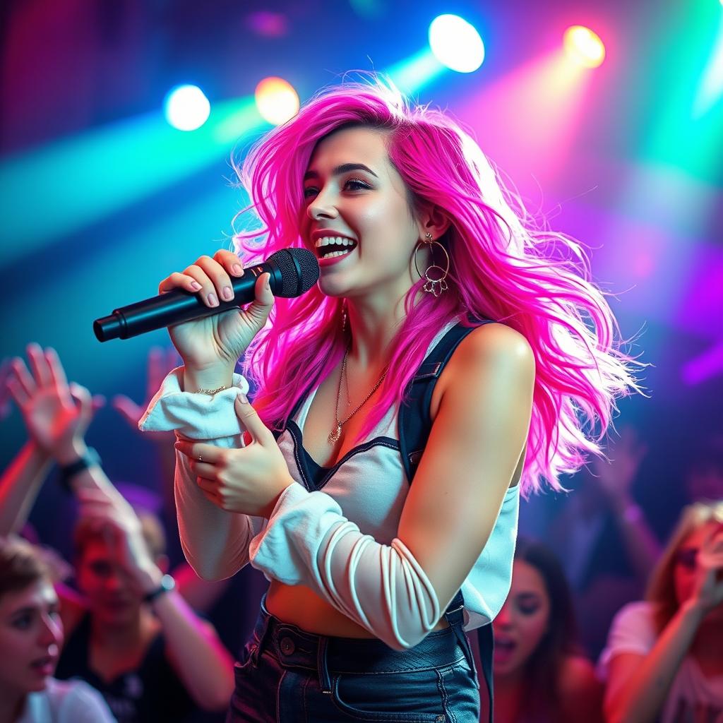 A young female singer with vibrant pink hair, passionately performing on stage under colorful lights