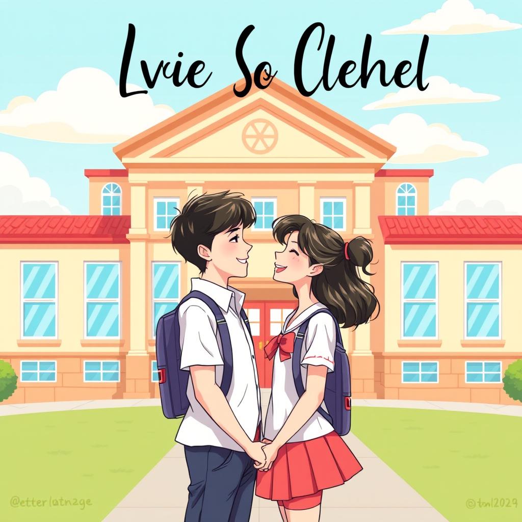 A romantic book cover illustration featuring a couple in cheerful school uniforms, standing in front of a classic school building