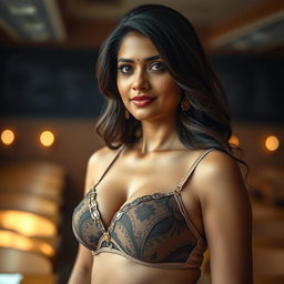 A captivating and artistic portrayal of an Indian teacher in a tasteful and elegant manner, showcasing her confidence and beauty