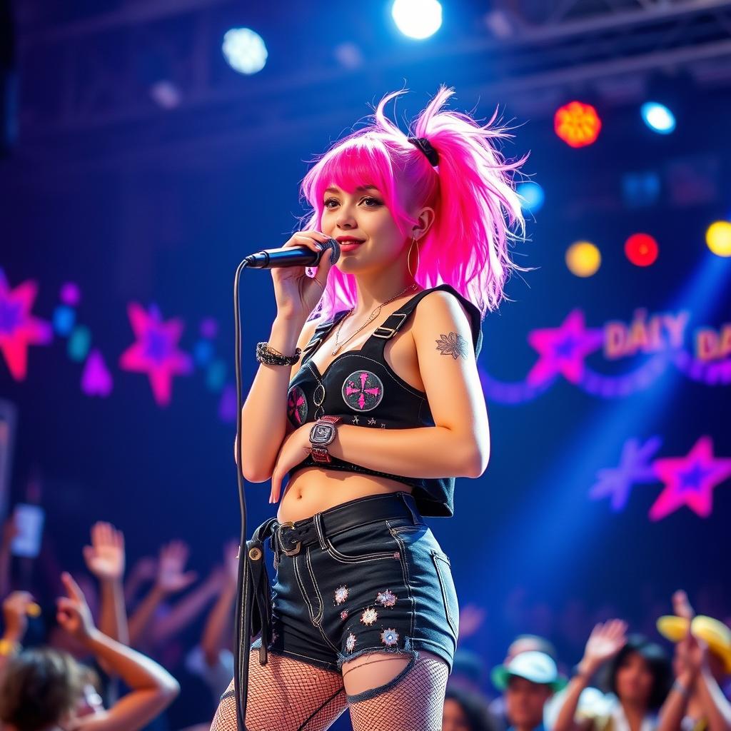 A vibrant teenage singer, 17 years old, with striking pink hair, standing confidently on stage