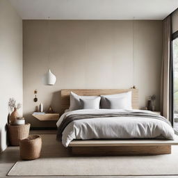 Minimalist modern bedroom designed with natural materials, containing a neutral color palette, organic textures, and clean lines