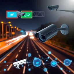 A dynamic image of a illuminated highway at night, featuring multiple CCTV cameras strategically positioned to capture the flow of traffic