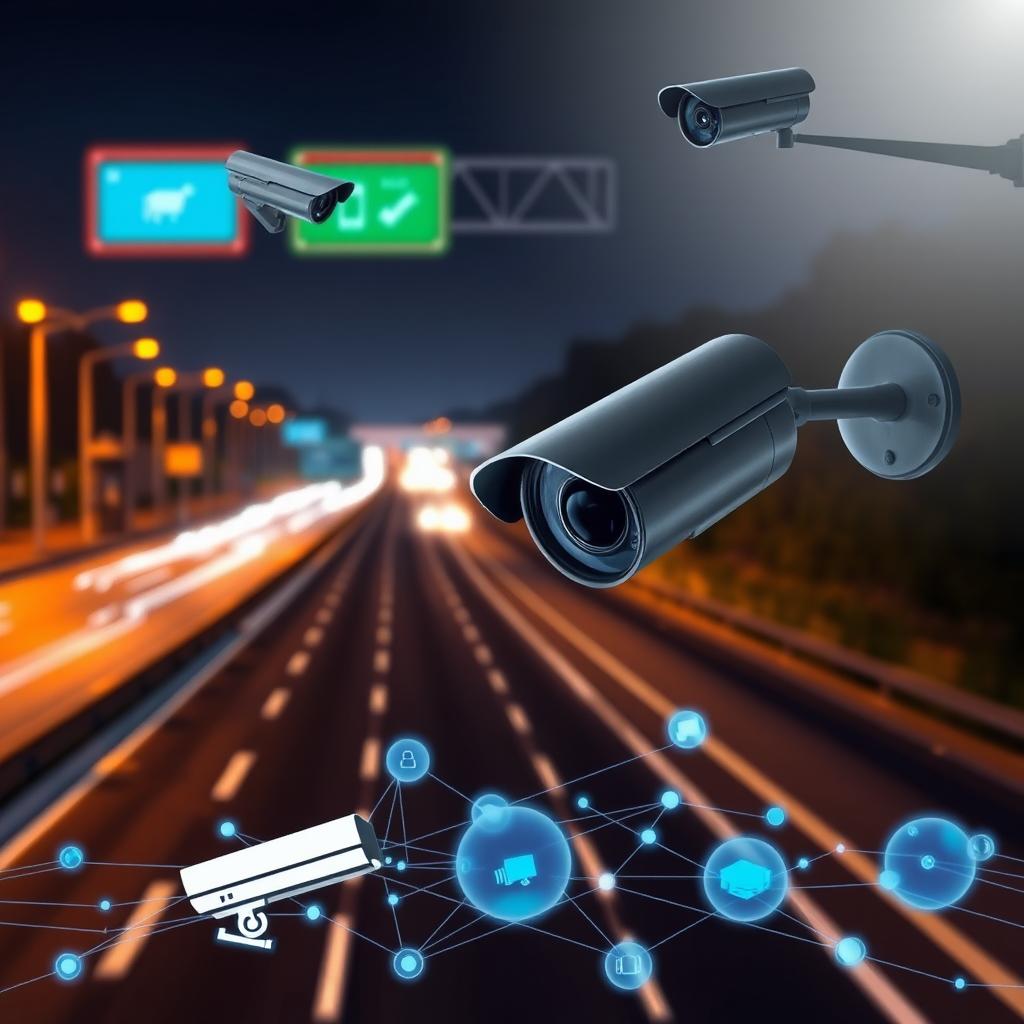 A dynamic image of a illuminated highway at night, featuring multiple CCTV cameras strategically positioned to capture the flow of traffic