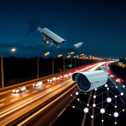 A dynamic image of a illuminated highway at night, featuring multiple CCTV cameras strategically positioned to capture the flow of traffic