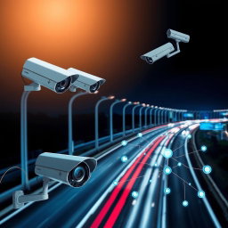 A dynamic image of a illuminated highway at night, featuring multiple CCTV cameras strategically positioned to capture the flow of traffic