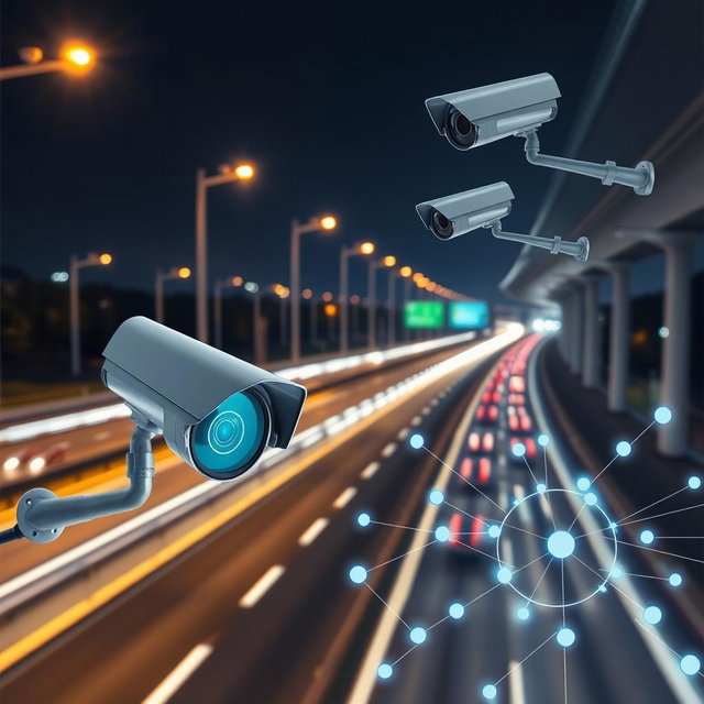 A dynamic image of a illuminated highway at night, featuring multiple CCTV cameras strategically positioned to capture the flow of traffic