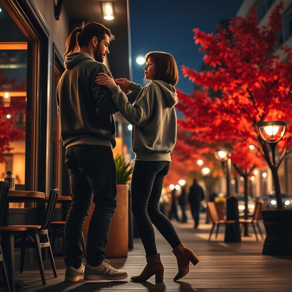 A silhouette of a man with a back ponytail, casually dressed in a comfortable sweatshirt, jeans, and sneakers, dancing with a petite girl who has short shoulder-length hair, clad in a casual sweatshirt, jeans, and stylish ankle boots