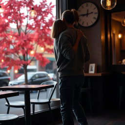 A silhouette of a man with a back ponytail, casually dressed in a comfortable sweatshirt, jeans, and sneakers, dancing with a petite girl who has short shoulder-length hair, clad in a casual sweatshirt, jeans, and stylish ankle boots