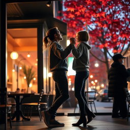 A silhouette of a man with a back ponytail, casually dressed in a comfortable sweatshirt, jeans, and sneakers, dancing with a petite girl who has short shoulder-length hair, clad in a casual sweatshirt, jeans, and stylish ankle boots