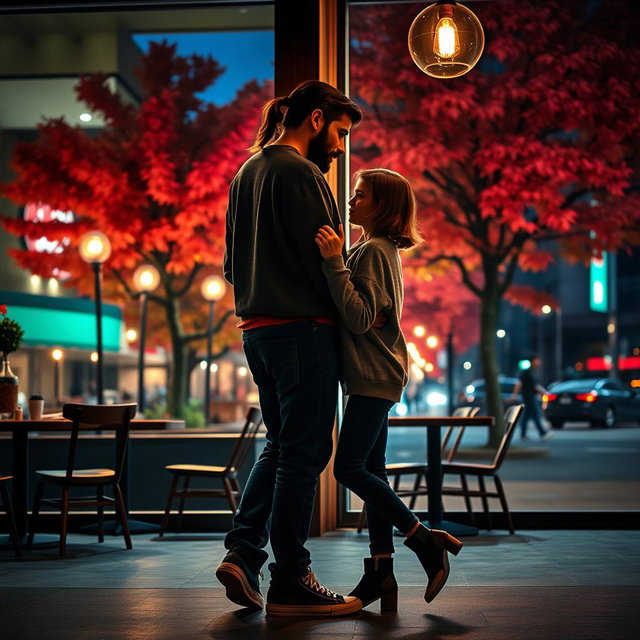 A silhouette of a man with a back ponytail, casually dressed in a comfortable sweatshirt, jeans, and sneakers, dancing with a petite girl who has short shoulder-length hair, clad in a casual sweatshirt, jeans, and stylish ankle boots